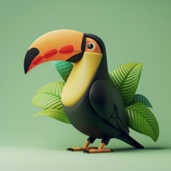 Fototapeta premium Graphic design of a colorful toucan among tropical foliage, rendered in a playful and modern style.