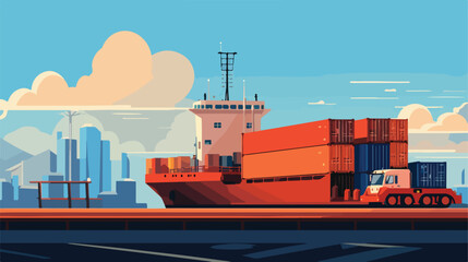 Cargo freighter containers isolated scenery vector - obrazy, fototapety, plakaty