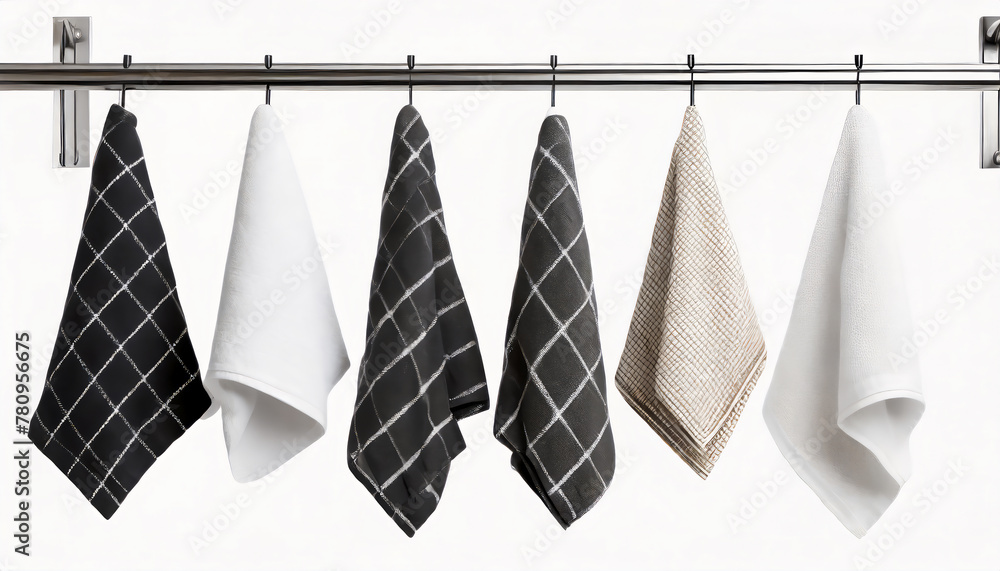 Wall mural Different clean kitchen towels hanging on rack isolated on white background - Wall murals