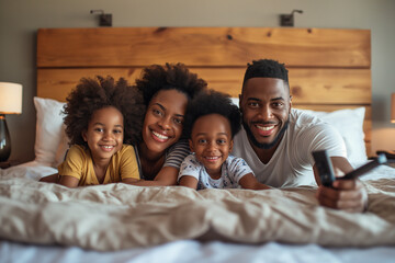 Happy black family of four watching TV in bed, smiling, together with a remote control in hand.