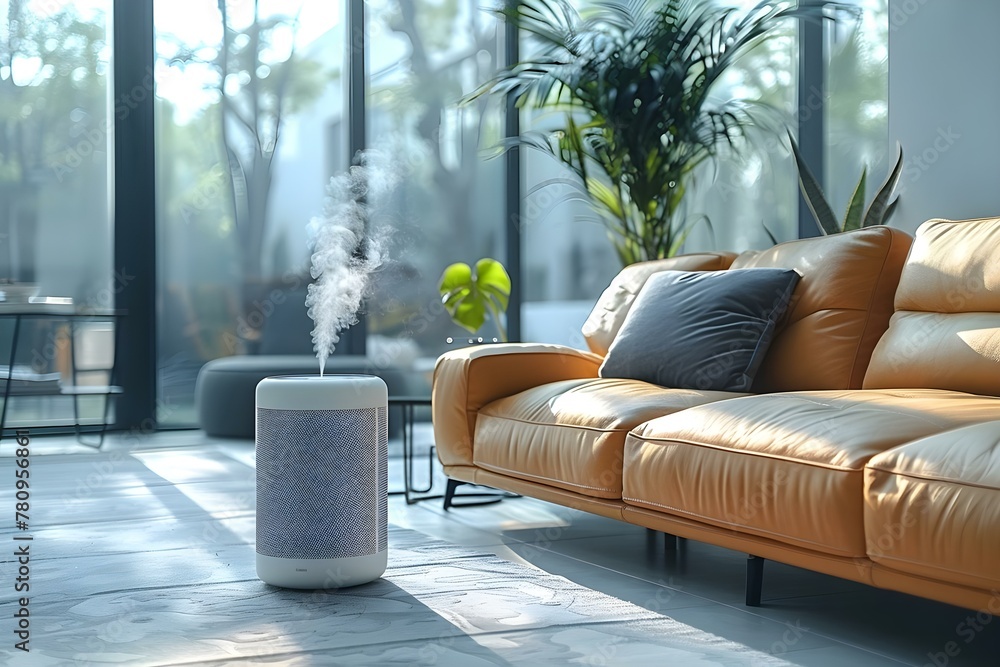 Poster iot app-controlled smart home air purifier and ac unit with temperature control. concept smart home,