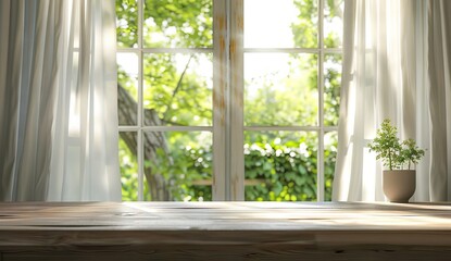 Wooden empty board in front of blurred curtained window background. AI generated illustration