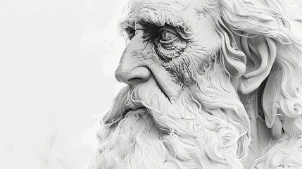 A photorealistic image on a white background depicts a man reflecting on wisdom, evoking a sense of contemplation and introspection.