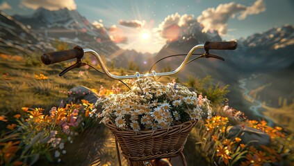 a vintage bicycle with a bouquet of yellow flowers in a basket against the background of a harvested rye field with haystacks. AI generated illustration