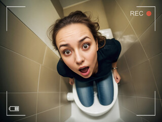 Young woman outraged, stood on toilet lid and noticed hidden video camera recording