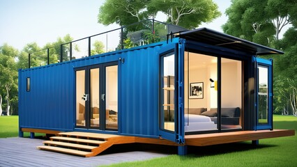 Modern container house, Modern shipping container house, modern industry exterior style house made from converted shipping container, Modern shipping container house home, tiny house in sunny day. Shi