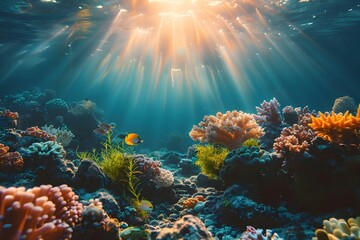 Fototapeta na wymiar Technology creates underwater scene with sun rays through coral reef in ocean. Concept Underwater Photography, Coral Reef, Sun Rays, Ocean Life, Technology Integration