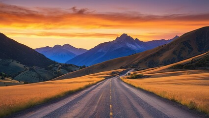 View from Below of an Empty Old Asphalt Road in the Mountains at Sunset