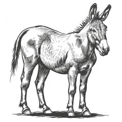 Black and white illustration of a donkey in profile, showing detailed shading and artistic sketch lines.