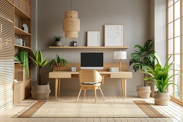 Contemporary Scandinavian-inspired workspace with clean lines and neutral colors - obrazy, fototapety, plakaty