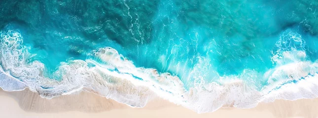 Foto op Aluminium Relaxing aerial beach scene, summer vacation holiday template banner. Waves surf with amazing blue ocean lagoon, sea shore, coastline. Perfect aerial drone top view. AI generated illustration © 3D