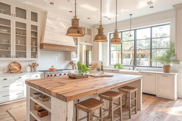Coastal farmhouse kitchen with whitewashed cabinets and butcher block countertops