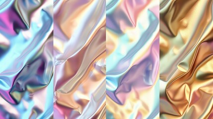 Holographic, silver, bronze, and golden foil texture backgrounds are showcased in vector graphic iridescent neon patterns, providing a collection of gold hologram metallic gradients