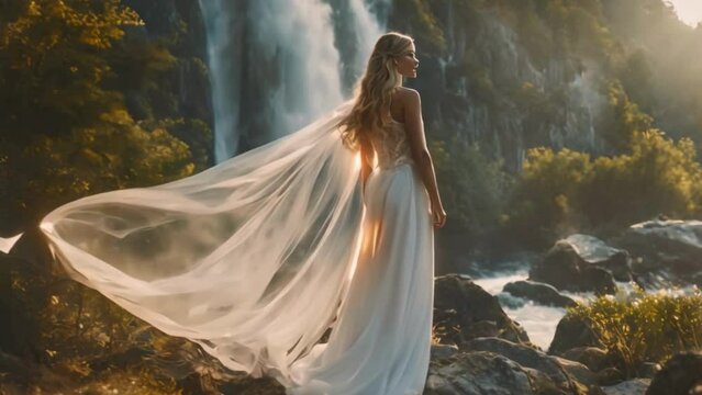 woman wear white dress water falling in mountains