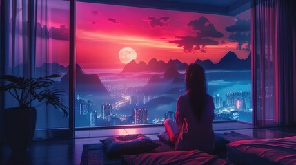 girl relaxes in neon lighting. Rest and relaxation concept