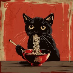 Black cat eating Chinese ramen noodles. Asian style illustration. Design poster for menu, restaurant