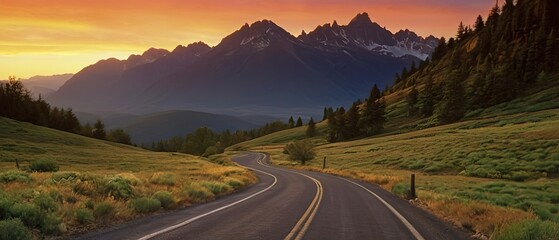 View from Below of an Empty Old Asphalt Road in the Mountains at Sunset