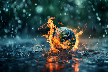 Burning globe on wet surface under rain, climate change duality of fire and water