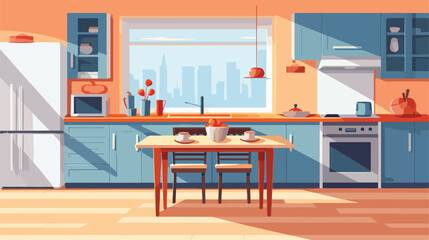 Cartoon kitchen interior with table in vector. Hous
