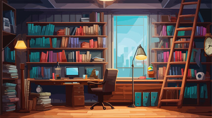 Cartoon library interior with many books. Vector co