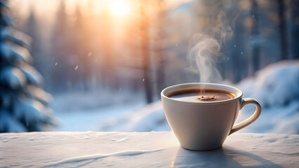 Cup of hot coffee on snow - obrazy, fototapety, plakaty
