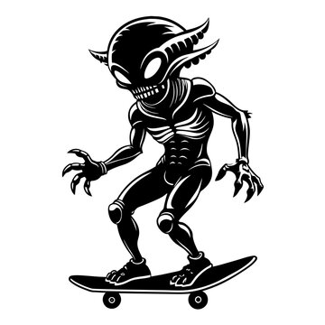 Vector, SVG Alien playing Skateboard silhouette, laser cut, white background 