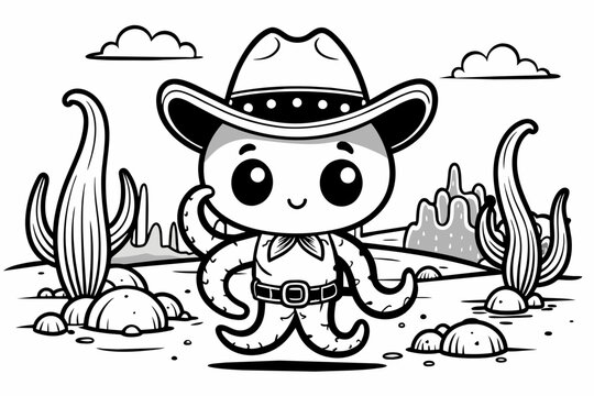 Vector cartoon baby kraken, Coloring book page for kids, cute, black and white cartoon baby Kraken as cowboy around desert, white background