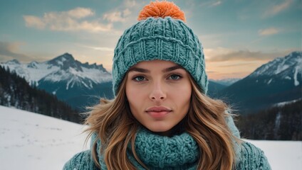 Young Woman in Knit Hat Amidst Snowy Mountains - Fashionable Winter Attire in Forest Setting, winter holidays concept. 
