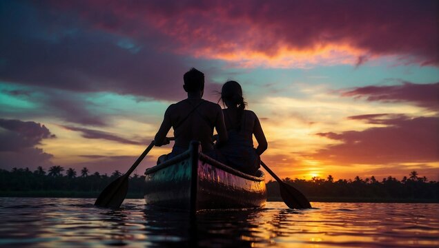 Ribeirinhos navegando em uma canoa, em um rio tributário do Rio Amazonas, Brasil