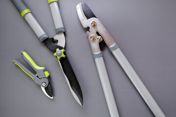 Tools for pruning and trimming plants.Steel Garden tool set on gray background.Secateurs, loppers and hedge trimmers.Garden equipment and tools.Tools for pruning and trimming plants.Plants Pruning - 780962449