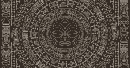 Ancient Mayan Calendar. Abstract design with an ancient Mayan ornament. Images of characters of ancient American Indians.The Aztecs, Mayans, Incas. The Mayan alphabet. - obrazy, fototapety, plakaty