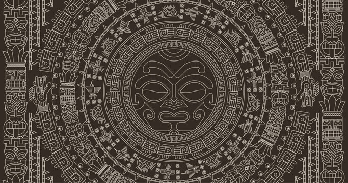 Ancient Mayan Calendar. Abstract design with an ancient Mayan ornament. Images of characters of ancient American Indians.The Aztecs, Mayans, Incas. The Mayan alphabet.