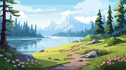 Cartoon summer landscape with forest lake and mount