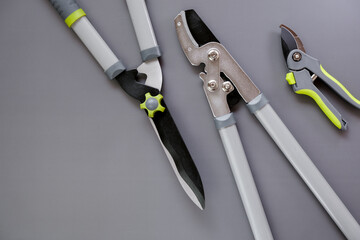 Steel garden tools on gray background. Secateurs, loppers and hedge trimmers.Garden equipment and tools.  - 780963023