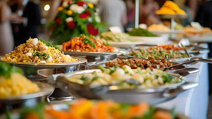 A buffet with various dishes cooked during a wedding , Gathering, parties in a hotel, varied food , blur effect background - obrazy, fototapety, plakaty