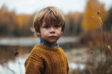 portrait of a little boy in a yellow sweater in the autumn park