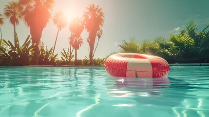A buoy in a swimming pool with sun and palm trees in the background , summer , sunlight , vacation