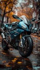 A blue motorcycle is parked on a wet street, showcasing a contrast between the vibrant color of the...