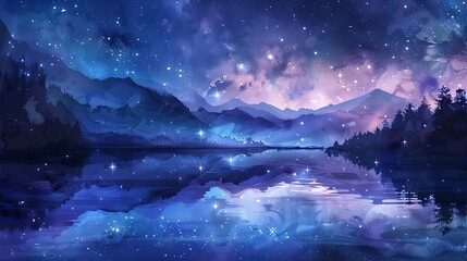 Obraz na płótnie Canvas Starry Night Over Serene Mountain Lake