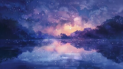 Naklejka premium Starry Night Over Serene Mountain Lake