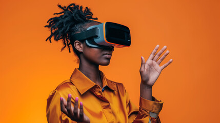 Happy african american woman wearing futuristic virtual reality headset goggles smiling vr gaming. Plain orange background. Hands in air, copy space business marketing banner