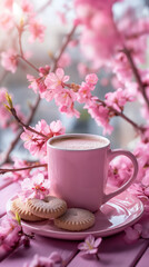 Fototapeta na wymiar A pink cup of coffee and a few cookies with sakura on the tableon the city background. Close up, Generative AI