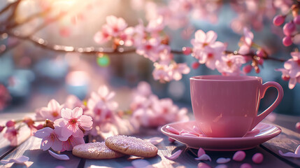 Fototapeta na wymiar A pink cup of coffee and a few cookies with sakura on the tableon the city background. Close up, Generative AI