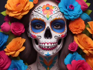 Day of the dead Catrina. Mexican dia de los muertos skeleton with traditional costume