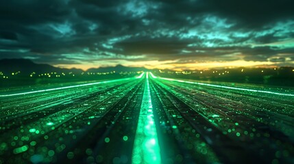 Artificially generated 3D imagery of a nighttime highway illuminated by bright green lights.