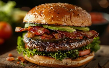 A delicious avocado and bacon-topped gourmet burger