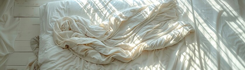 Aerial perspective of a comfortable comforter on a bedcover - obrazy, fototapety, plakaty
