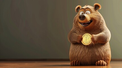 A three-dimensional animated bear clutching a gleaming cryptocurrency token in its paw.