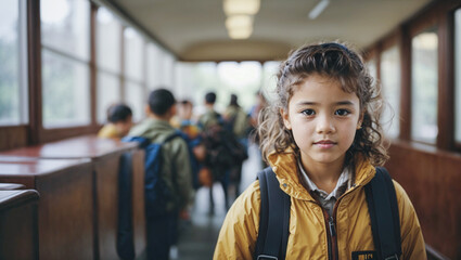 Portrait of a girl in a school hallway with some children out of focus in the background. Back to school. Image with copy space.