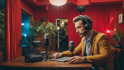 Blond American man recording a podcast in a luxurious studio. Podcaster using headphones and microphones to record.